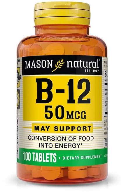MASON NATURAL 비타민 B12 칼슘 함유 50mcg - 음식을 에너지로 건강한 전환 신경 기능과 건강 지원 100정, 알약/캡슐, 1개 - 쿠팡