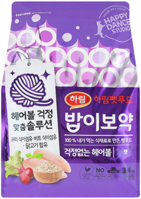 밥이보약 전연령용 걱정없는 헤어볼 고양이 사료, 3.4kg, 1개