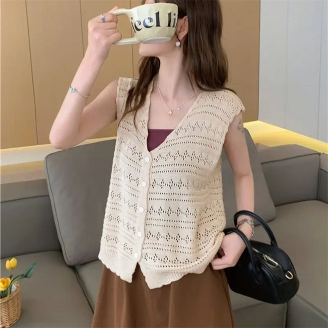 유니픽여성 봄여름 크로셰 민소매 V넥 Cardigan 시원한 통기성 캐주얼룩cjg