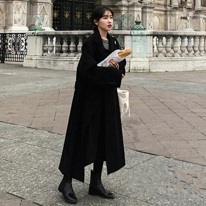 맥시 롱 코트 모직 여성용 슈퍼 발목 겨울 두꺼운 햅번 스타일 가 키 큰