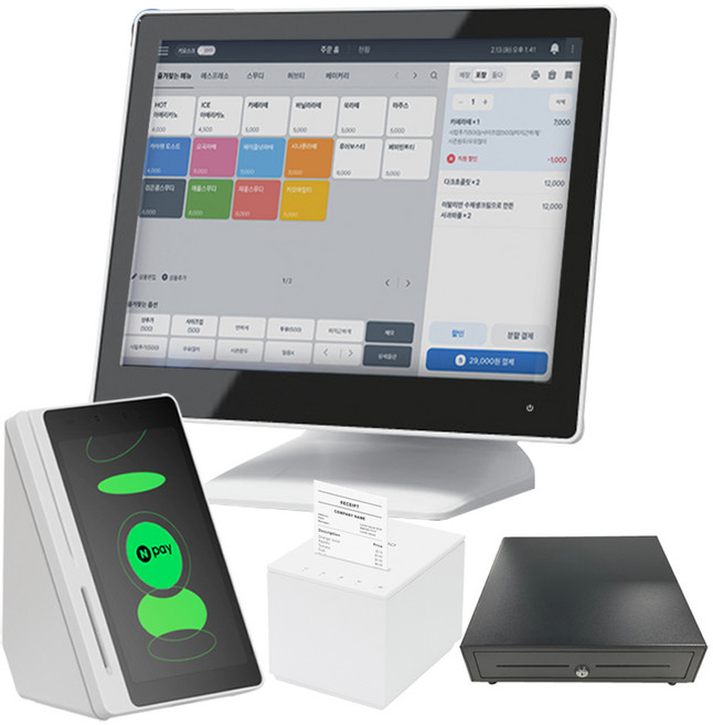 네이버페이 커넥트 카드단말기 포스기 영수증프린터 세트 금전함 네이버리뷰 연동, 1개, 블랙, 커넥트단말기+포스기+영수증프린터