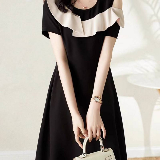 ANYOU 여성 여름 원피스 기질 오프숄더 블랙 원피스 날씬해 보이는롱 원피스 홈웨어 데일리룩 빅사이즈원피 원피스 프릴 원피스