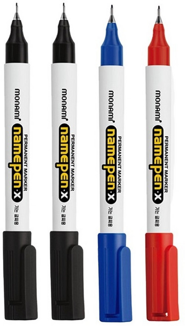 모나미 가는글씨용 네임펜 X, 4개 세트 (흑2+청1+적1), 1세트
