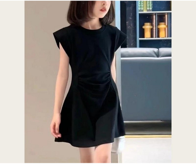 해피유통어린이 여름 심플 블랙 반팔 원피스 패션 캐주얼 디자인14세 이상 XG03