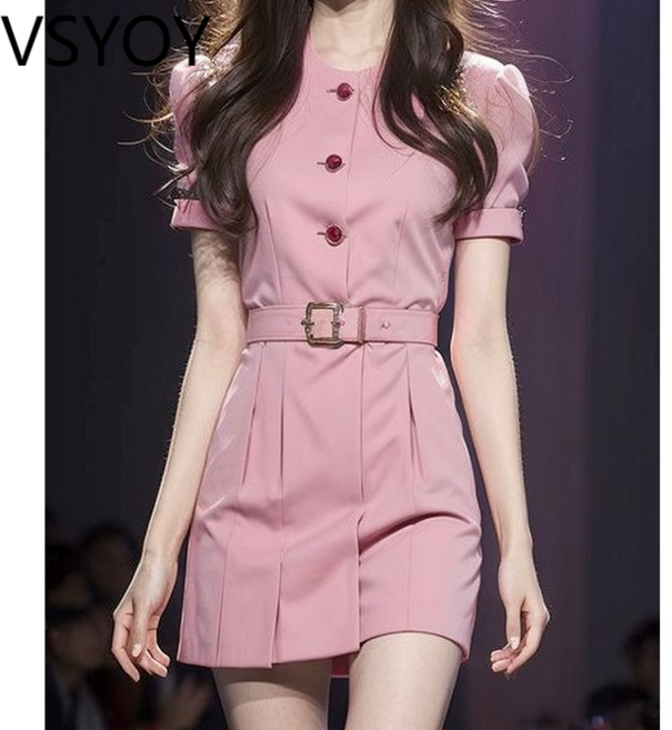 vsyoy 여름 도파민 모리 스타일 작은 착용 가벼운 럭셔리 아우터 착용 핑크 퍼프 슬리브 원피스 커버 고기 통근 짧은 스타일