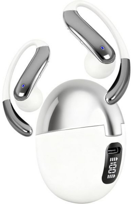 오픈 이어 클립 무선 이어버드 골전도 헤드폰 블루투스 5.4 디자인 내장 마이크 IPX7 방수 LED 디스플레이 충전 케이스 훅 러닝 워킹용, Q26, White