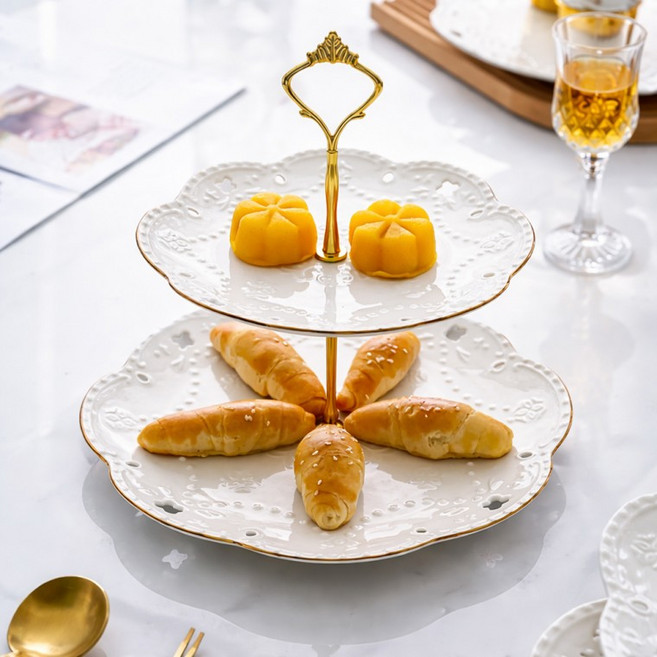 플레르 도자기 디저트 트레이 2단 애프터눈티 접시, 1개, 상세페이지 참조