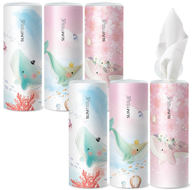슬림티슈 6P [내마음속 고래] / 캔티슈 차량용티슈 휴대용티슈 고래시리즈 대나무티슈 프리미엄, 6개입, 1세트