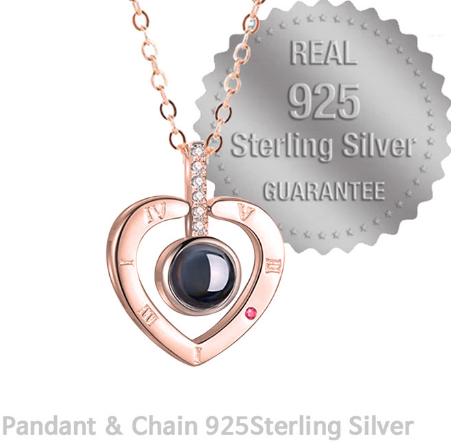 925스털링실버 100가지 언어로 '사랑해' 목걸이 Heart Rose +보증서