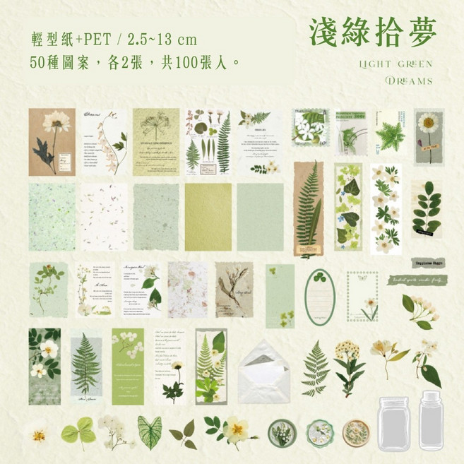 RAYRAYGO 陌墨 乾花郵局系列 素材包 暖咖流年 100張入 輕型紙 PET 花卉手帳拼貼素材, 淺綠拾夢, 1個