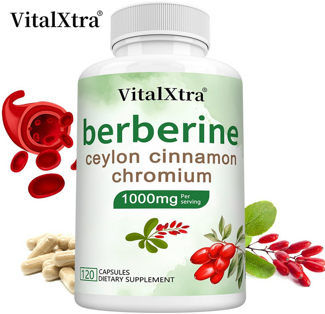 베르베린 실론 크롬 강황 함유 - 고농도 염산 베르베린 + 시나몬 껍질 추출물 - 심장 건강 및 면역 지원 보충제, 3개, 60회분