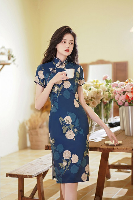 復古絲綢印花旗袍洋裝 清新優雅 修身顯瘦 日常宴會表演必備 寶藍色, 單色