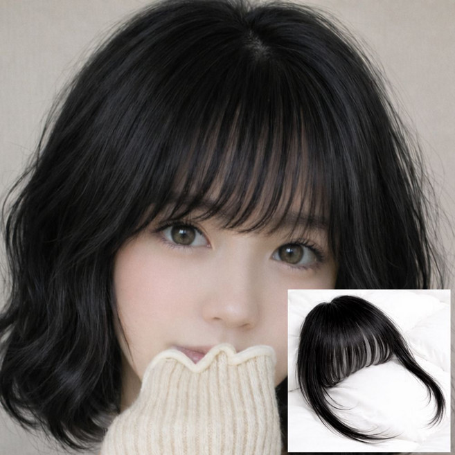 브오미 앞머리 가발 부분 헤어피스 붙임머리 시스루뱅, 1개, 블랙