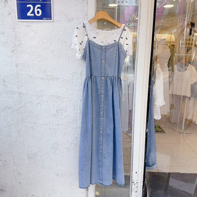 단추 데님 뷔스티에 끈 원피스
