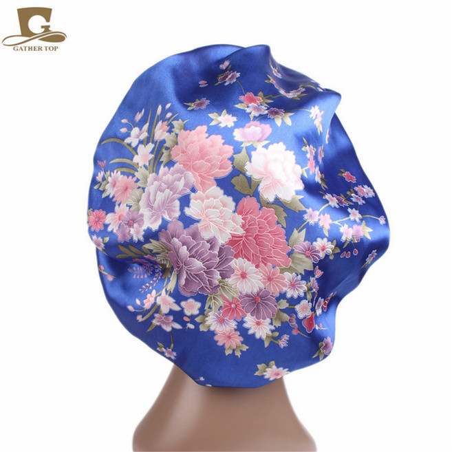 세틴 수면모자 미용 헤어 캡 SH1486, 블루꽃