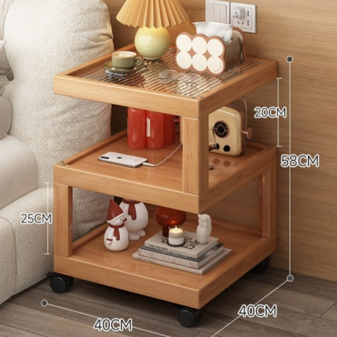 BYOU 다용도 협탁 원목 3단 서랍장 수납장 발통형, 1개, 원목색/원목+아크릴판 40cm