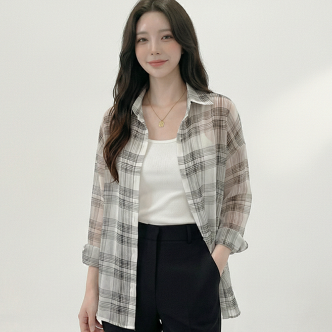 데일로엔 여성 여름 블라우스 체크 긴팔 셔츠