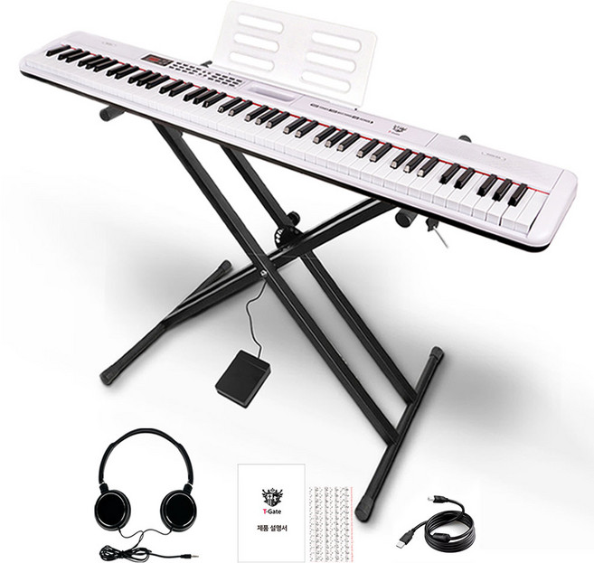 더뮤직 / 교습용 88건반 전자 디지털 피아노 + 스탠드 + 서스테인 페달 + 헤드셋 + MIDI-USB 케이블 풀 세트 블랙 화이트, 화이트-JO-A01W-H, 1개