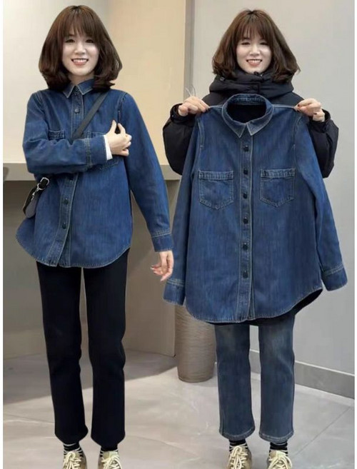 女士長袖牛仔襯衫外套 秋冬寬鬆休閒襯衣