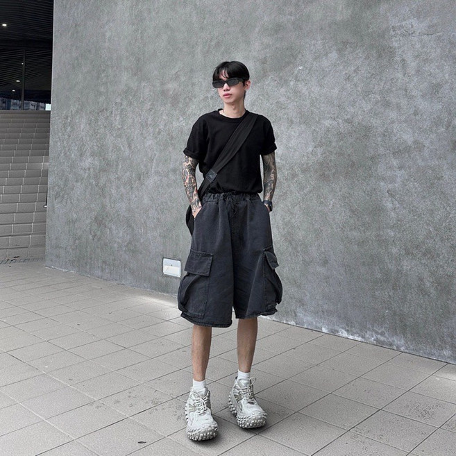 【OPB】寬鬆闊腿六分褲 大口袋工裝牛仔短褲 慵懶時尚百搭款 夏季男女皆可