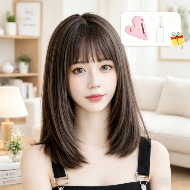 Novah 여성 중단발 통가발 풀뱅 자연스러운 일자머리 데일리 레이어드 가발 45cm, 1개, 브라운블랙