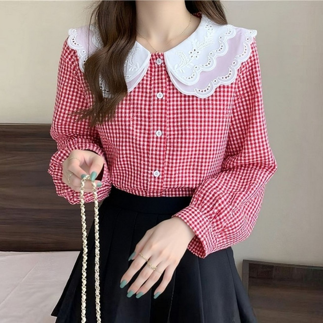 Makone 여성 카라넥 레이스패치 프린트 퍼프소매 엘레강스 데일리 심플 체크 블라우스