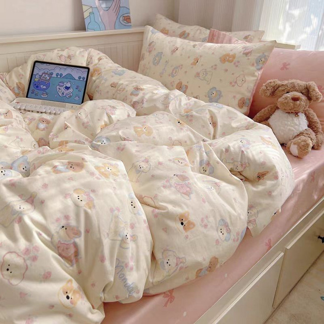 흑백 귀여운 만화 강아지 침구 세트 4종 세트 워싱 코튼 심플 침대 시트 1인용 3종 세트