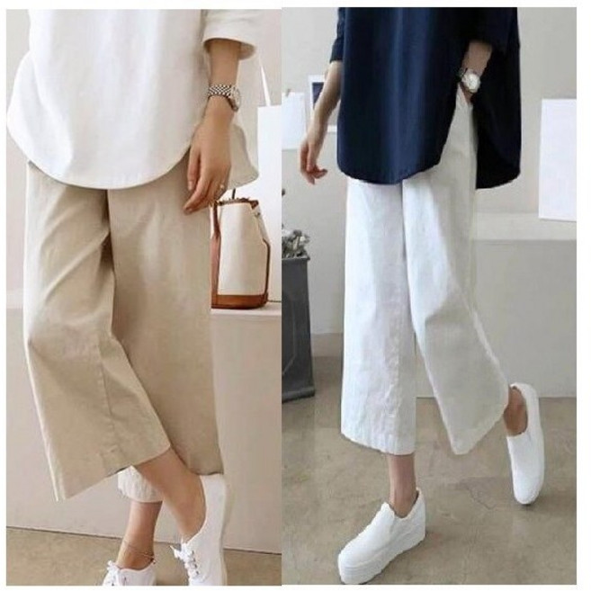 여성 린넨 8부 통바지 여름 통넓은 고무줄