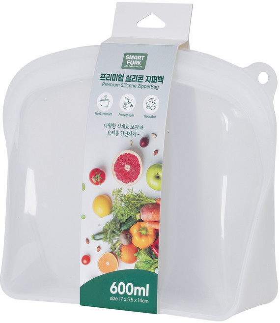 [스마트포크] 실리콘지퍼백 푸드백 1P 다회용 밀폐 보관용기 전자렌지용, 600ml, 화이트