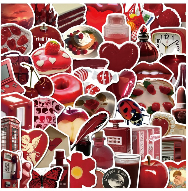 올리브파티 감성 캐리어 노트북 여행 방수 스티커 세트, 1세트, 레드하트 50P