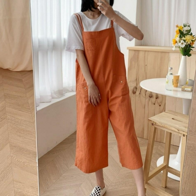 나니까 린넨 와이드 멜빵바지 귀여운 어깨끈 키작녀바지