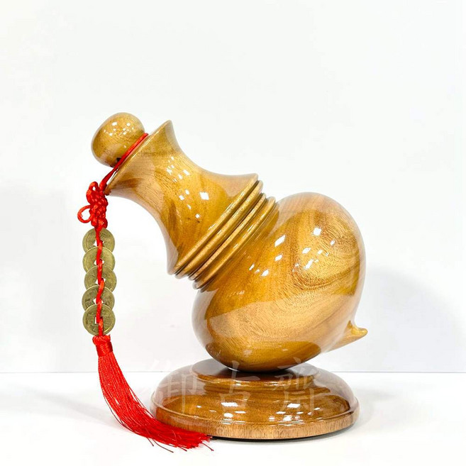 御古齋 精選樟木 直立式 大頭 文昌筆 站筆 勾文昌 大筆進財 開運平安 附圓形底座 五帝錢, 1個, 大款-原木色