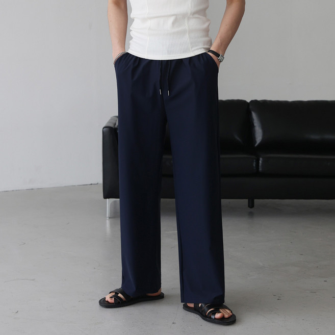 베이직바이블 남여공용 와이드 아이스 쿨링 냉감 바지 링클프리 시원한 여름 밴딩 사방스판 빅사이즈 커플 슬랙스