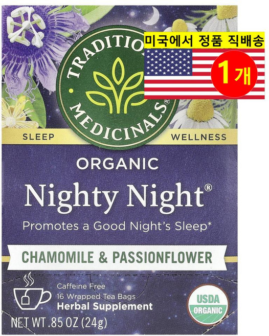 Traditional Medicinals 스트레스 수면 건강 관리 오가닉 나이티 나이트 카모마일 & 패션플라워 허브 티 무카페인 16개입 24g 1개