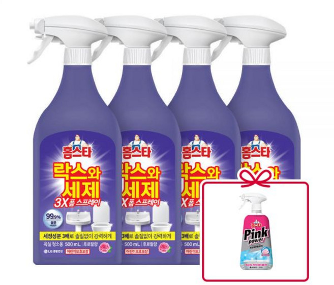 홈스타 락스와세제 3X 폼스프레이 500ml(후로랄향) 4개+특별증정(폼스프레이 정품 1개), (스프레이)후레쉬2개+후로랄2개+핑크파워, 1개