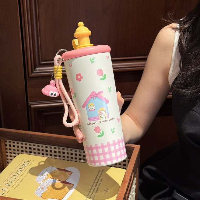 316不鏽鋼保溫杯 吸管杯, 粉色, 1個, 700ml