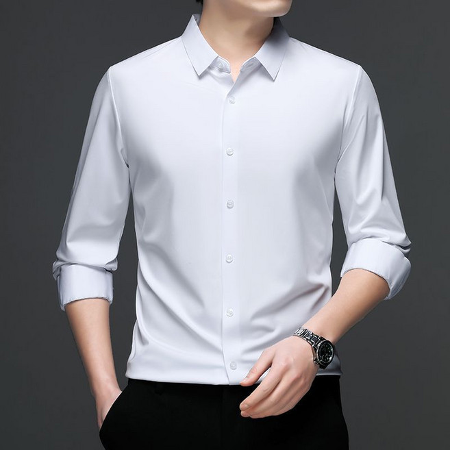 男士長袖襯衫 商務休閒 純色 薄款 全無痕彈力 免燙