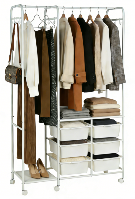 리빙가감법 튼튼한 탄소강 이동식 스텐드 행거 원룸 자취방 조립 간편 후크 수납함 다용도 옷 행거, 화이트