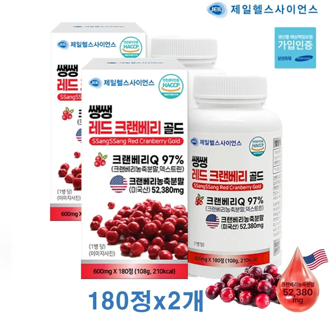 제일헬스사이언스 쌩쌩 레드 크랜베리 골드, 2개, 180정 - 쿠팡