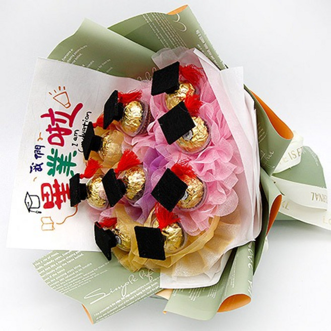 FlowerSP 畢業金莎花束, 1個, 3顆 (超商店到店最多3束)(無背卡),綠色系(可參考商品圖片), 綠色系