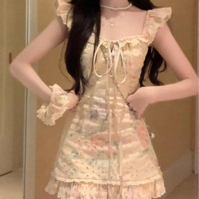 COSYEVNO 여성 여름 미니 원피스 리본 셔링 프릴 레이스 페미닌룩 Tzklyq-6