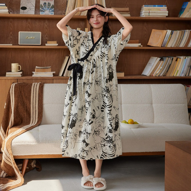 리얼 빅사이즈 유카타 원피스잠옷 블랙캣 홈웨어 잠옷 여자 파자마 여성 캡내장 노브라