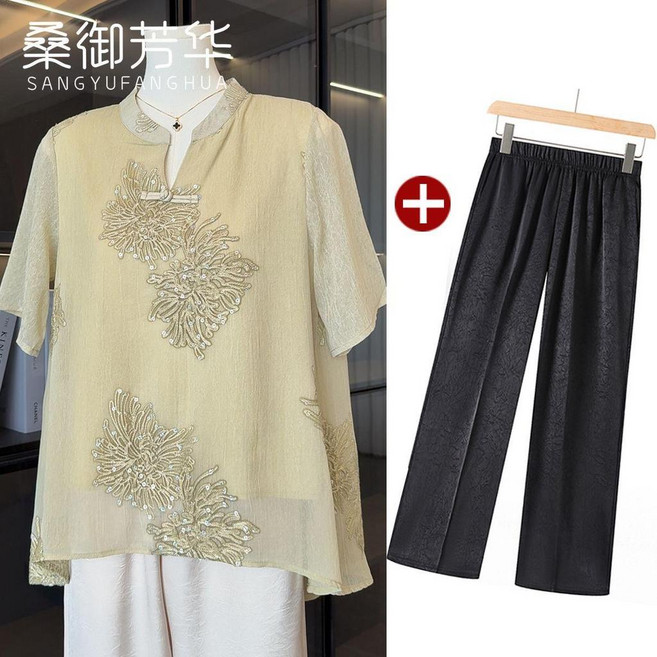 新中式國風媽媽夏裝短袖恤套裝雪紡小衫中老年女裝上衣服 副廠商品