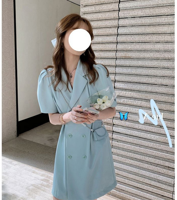 여성 여름용 정장 원피스 더블 버튼 숏 슬리브 블레이저 원피스 여성용 스타일리쉬 드레스 JS