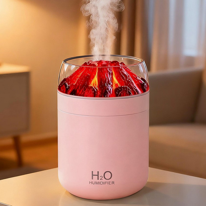 KLIFE 탁상용 충전식 미니 가습기 자취방필수 휴대용 감성무드등 초음파 무소음 화산등 가습기, 핑크