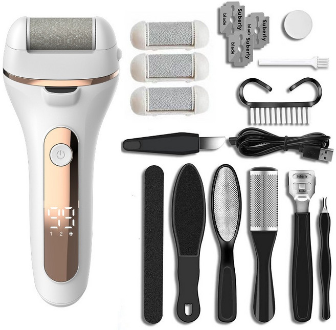 跨境新款數顯電動磨腳器充電式去死皮老繭修腳神器自動搓腳磨腳石, 1個, 金色+十件套:如圖所示