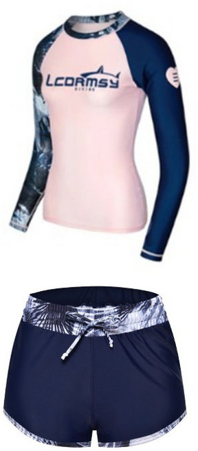水精靈 長袖速乾防曬水母衣 衝浪衣 情侶款 UPF50+, 女款 2件套 (上衣+藏藍色數碼邊短褲),S