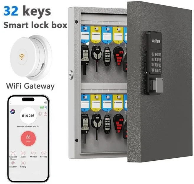 WeHere 32 키 잠금 상자 지능형 벽걸이 키 보관 캐비닛 OTP/APP 블루투스/고정 코드 잠금 해제 키 관리 안, 03 Black WiFi Gateway