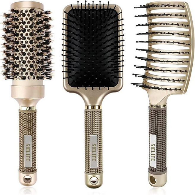어벽 마사지 빗 세트 두피 케어 드라이 빗 헤어 스타일링 미용 빗, 3개, 금색
