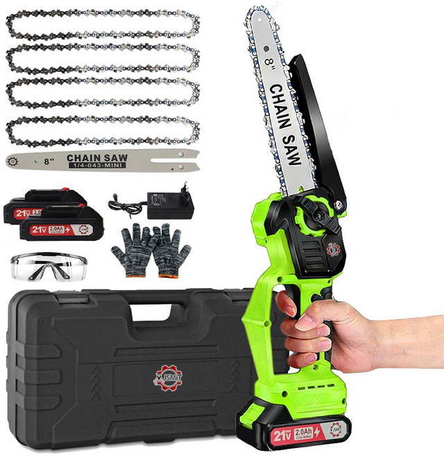 [JSMiT] 무선 전기톱 21V 20cm 체인톱 충전식 충전 전동 가정용 미니 소형 나무 가지치기 무브러시 모터2.0AH 배터리2개 공구상자풀세트, 1세트